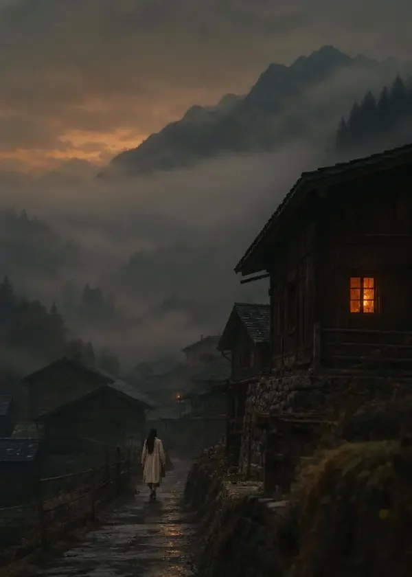短剧《雾隐山村，她在等一个不回来的信》封面海报，悬疑题材