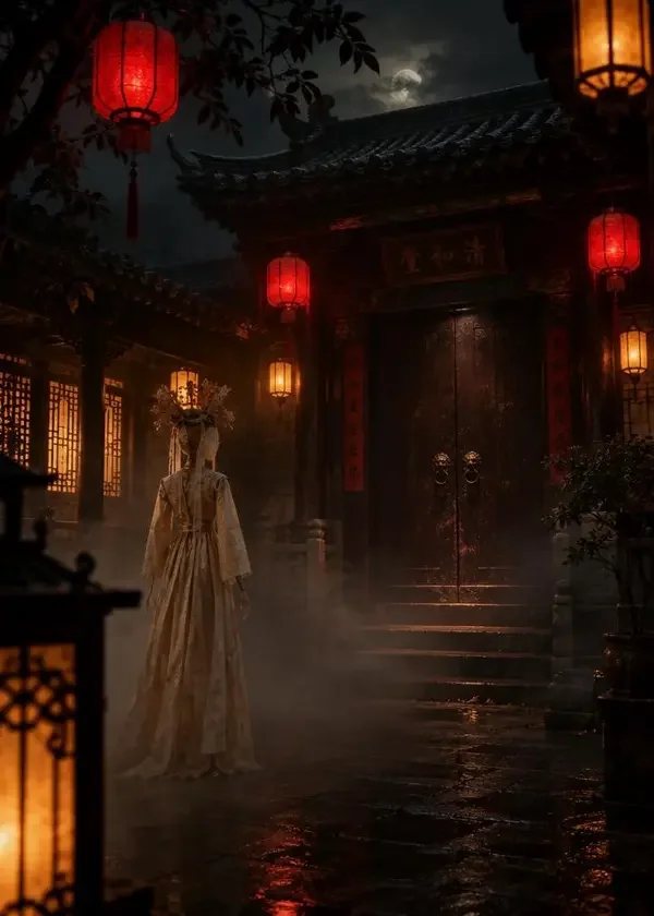 短剧《纸人新娘》封面海报，悬疑题材